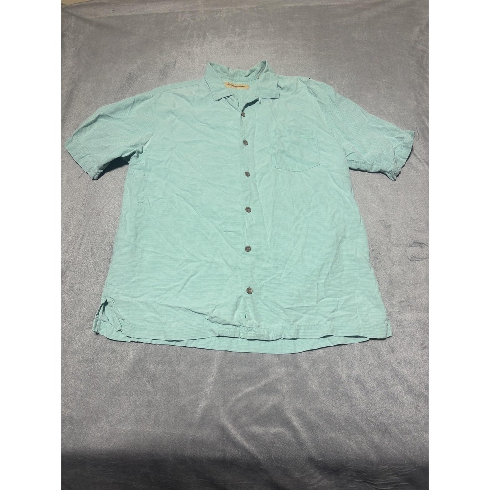 Tommy Bahama Shirt Mens Medium Green Silk Short Sleeve Button Front Casual